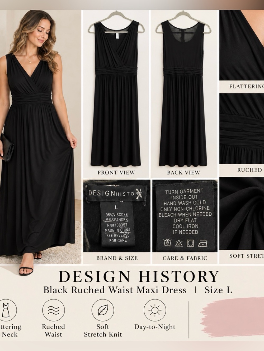 Design History Black Ruched Waist Maxi Sleeveless Dress - Size L